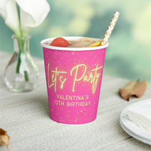 Hot Pink Neon Glowing Let's Party Glitter Birthday Paper Cups