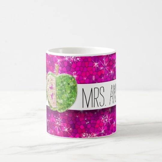 Hot Pink Neon Green Teachers Apple Classroom Name Coffee Mug