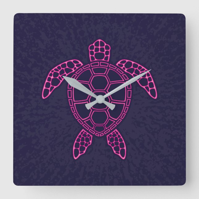 Hot Pink Neon Lava Sea Turtle Design Square Wall Clock (Front)