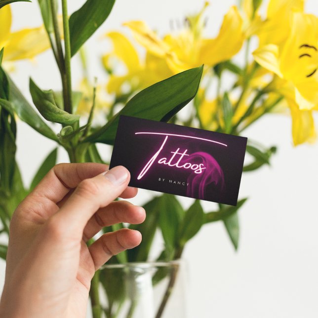 Hot Pink Neon & Smoke Tattoos Handwritten Script  Business Card (Creator Uploaded)