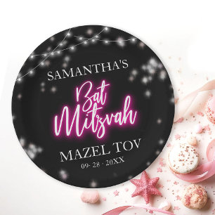 Hot Pink Neon-Themed Bat Mitzvah  Paper Plate