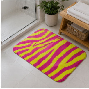 Hot Pink Neon Yellow Zebra Stripe Bold Y2K  Bath Mat