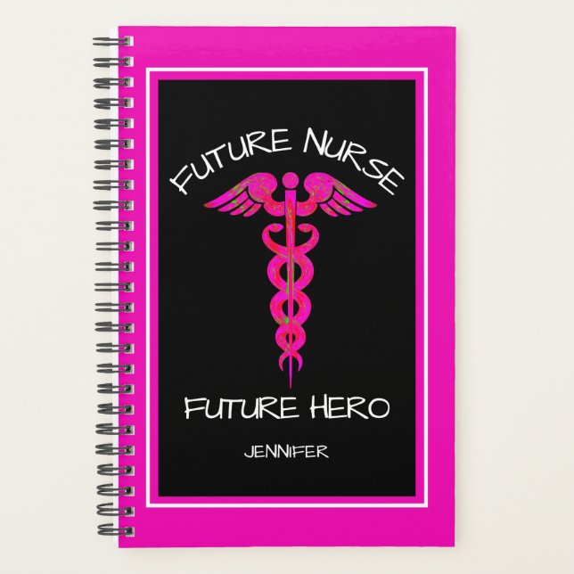Hot Pink Nurse Medical Caduceus Personalized Planner (Front)