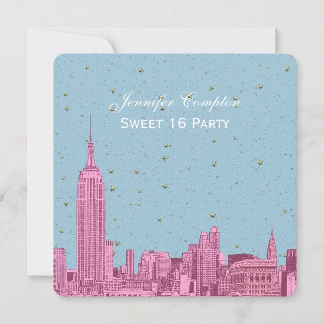Hot Pink NYC Skyline Etch Blue Starry SQ Sweet 16 Invitation (Front)