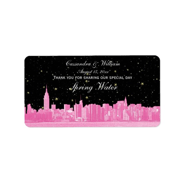Hot Pink NYC Wide Starry Skyline Etch Water Bottle Label (Front)