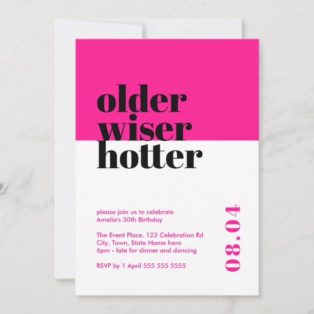 Hot Pink Older, Wiser, Hotter Birthday Invitation (Front)
