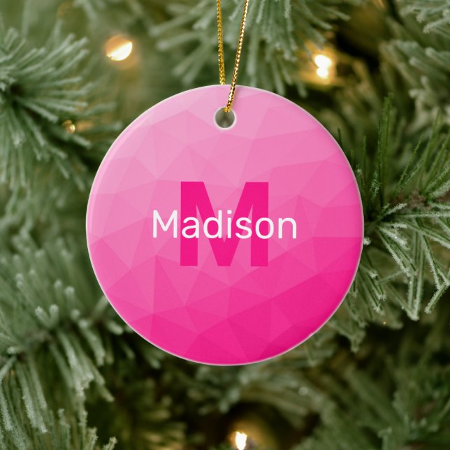 Hot pink ombre geometric mesh pattern Monogram Ceramic Tree Decoration (Tree)