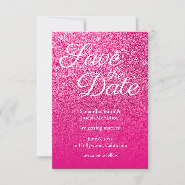 Hot Pink Ombre Glitter Save the Date Invitation (Front)