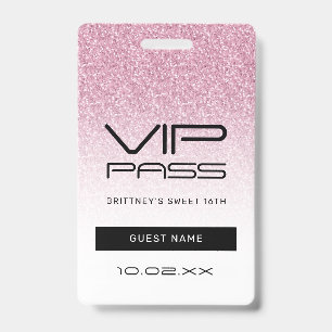 Hot Pink Ombre Glitter Sweet 16th VIP Pass  ID Badge