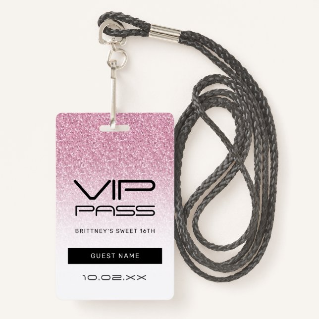 Hot Pink Ombre Glitter Sweet 16th VIP Pass  ID Badge (Front with Lanyard)
