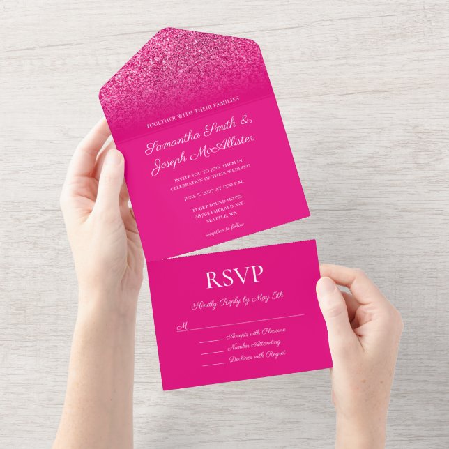 Hot Pink Ombre Glitter Wedding All In One Invitation (Tearaway)