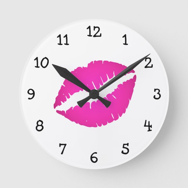 Hot Pink Ombre Lipstick Kiss Black Numbers Round Clock (Front)
