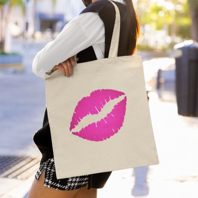 Hot Pink Ombre Lipstick Kiss Print Tote Bag (Hot Pink Kiss Print Tote Bag)
