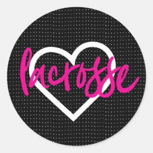Hot Pink on Black Lacrosse Sticks & Hearts Pattern Classic Round Sticker
