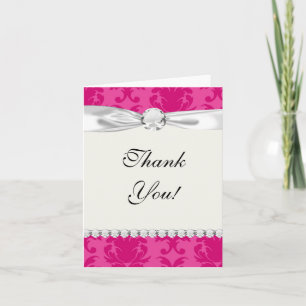 hot pink on pink chic damask pattern thank you card