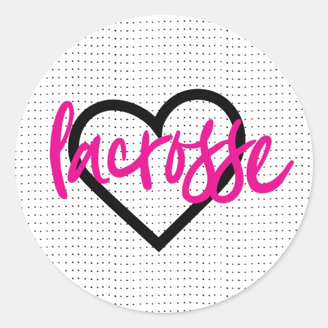 Hot Pink on White Lacrosse Heart Classic Round Sticker (Front)