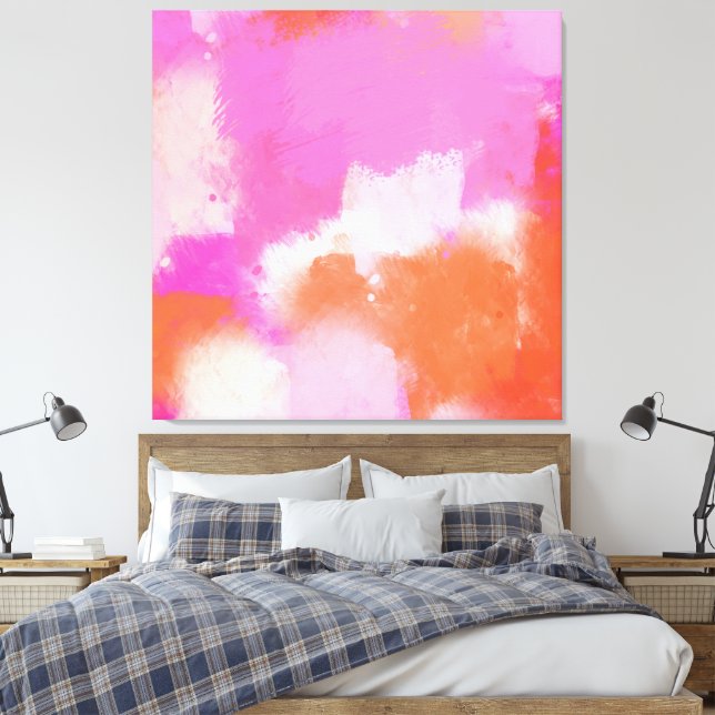 Hot Pink Orange Abstract Brushstrokes Canvas Print (Insitu(Bedroom))