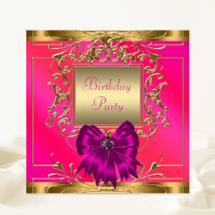 Hot Pink, Orange and Gold Birthday Party Invitation