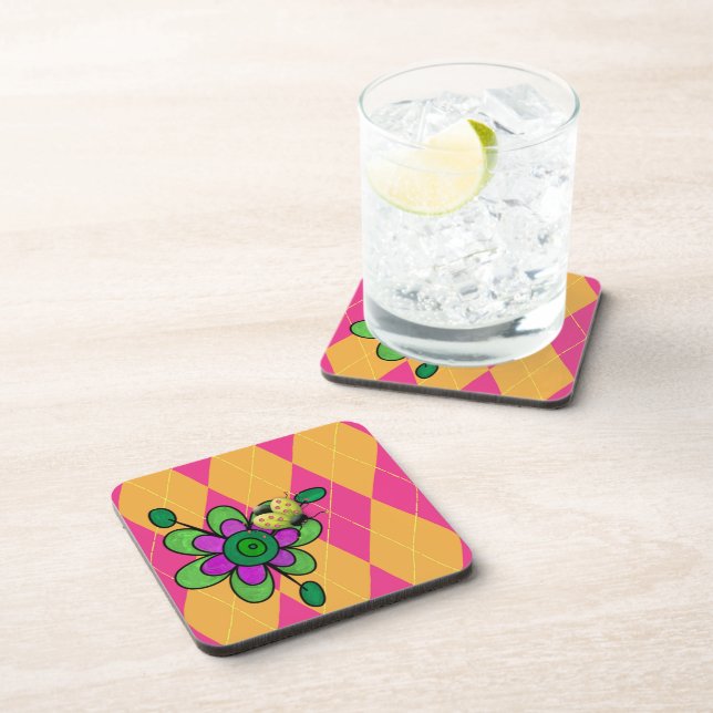 Hot Pink & Orange Argyle Ladybug & Flower Coaster (Right Side)