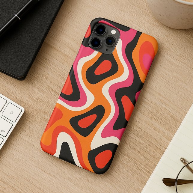 Hot Pink Orange Black Retro Abstract Art Pattern iPhone Case (Creator Uploaded)