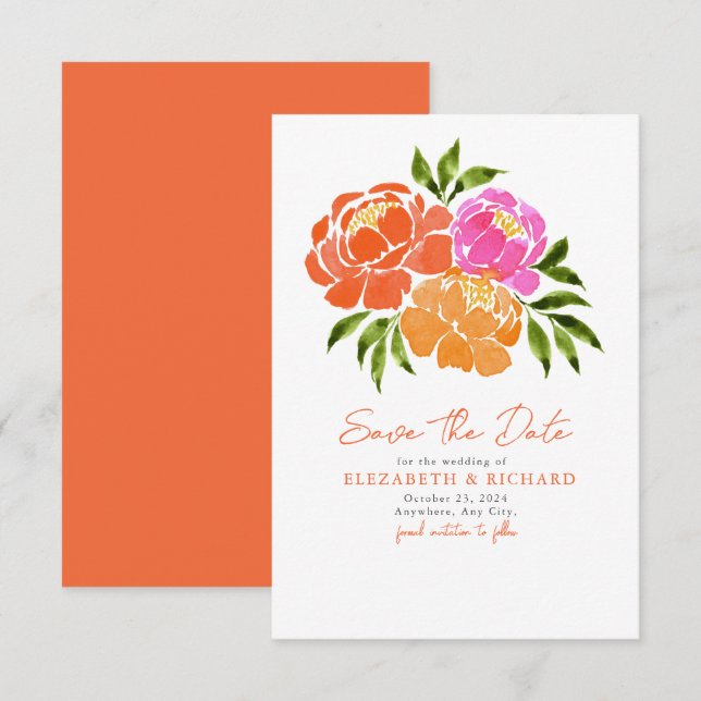 Hot Pink Orange Bouquet  Floral Summer Save The Date (Front/Back)