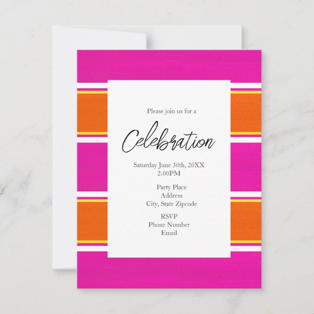 Hot Pink Orange Cabana Stripes Invitation (Front)