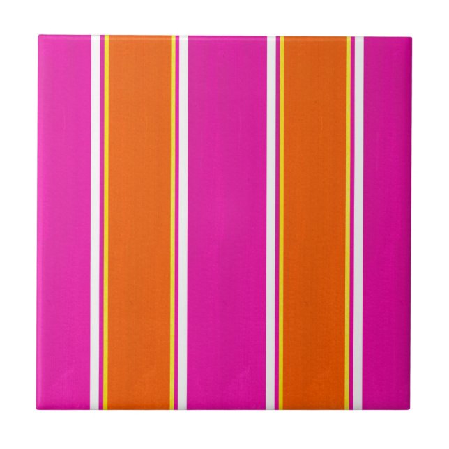 Hot Pink Orange Cabana Stripes Tile (Front)