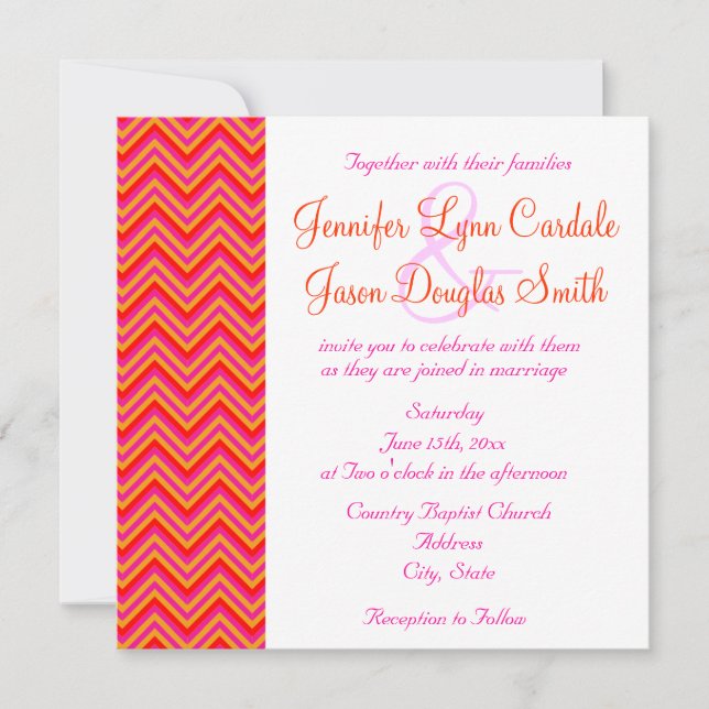 Hot Pink Orange Chevron Wedding Invitation (Front)