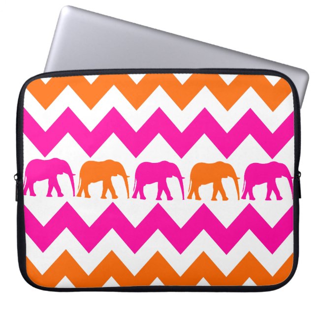 Hot Pink Orange Elephants Chevron Laptop Sleeve (Front)