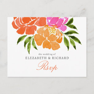 Hot Pink Orange Floral Fall Wedding Rsvp Postcard