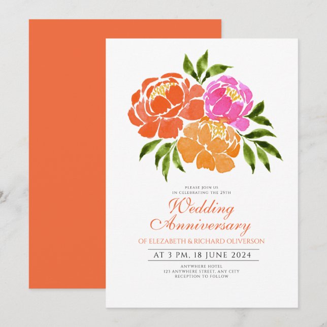  Hot Pink Orange Floral Wedding Anniversary Invitation (Front/Back)