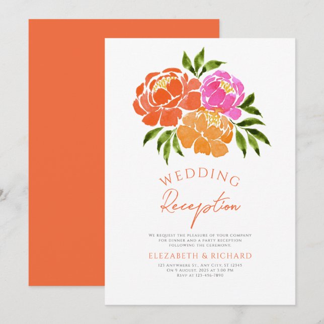 Hot Pink Orange Floral Wedding Reception Invitation (Front/Back)