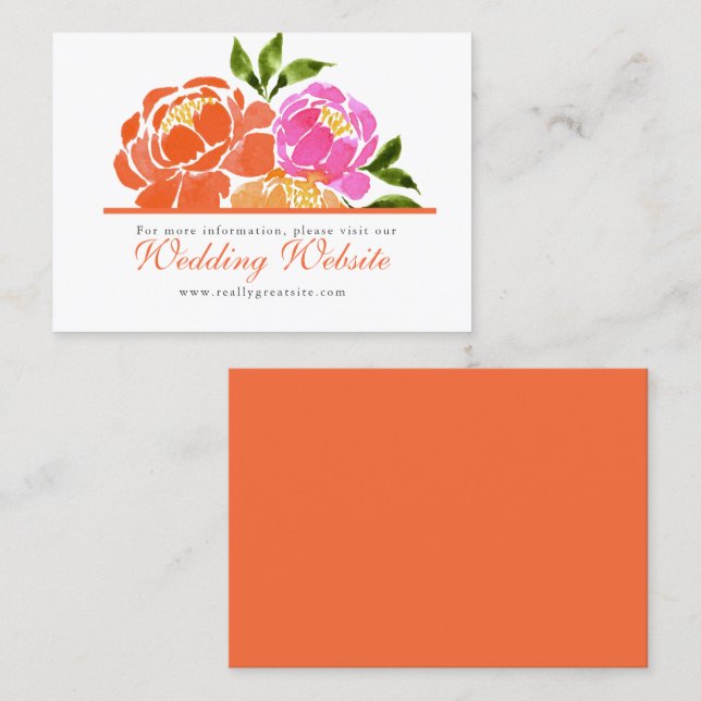 Hot Pink Orange Floral Wedding Website Business Card (Front/Back)