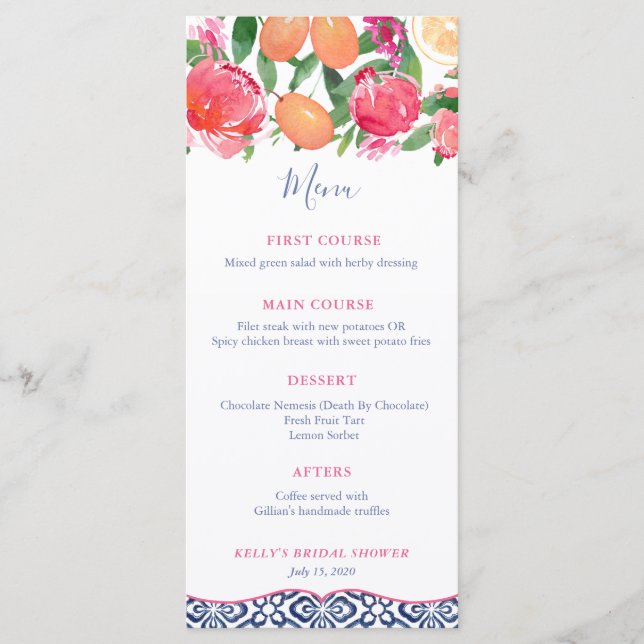 Hot Pink & Orange Florals Blue Tiles Bridal Shower Menu (Front)