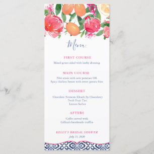 Hot Pink & Orange Florals Blue Tiles Bridal Shower Menu