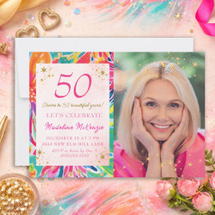 Hot Pink Orange Flowers Gold Glitter Photo 50th Invitation