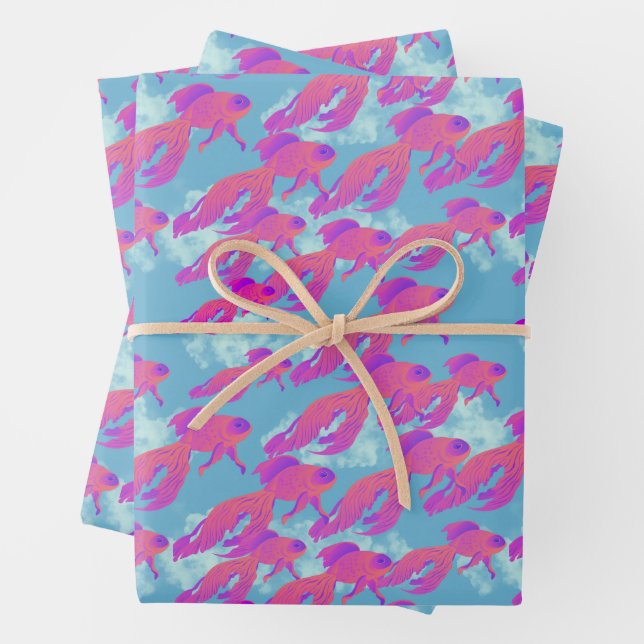 Hot Pink & Orange Flying Beta Fish Blue Sky Wrapping Paper Sheet (In situ)