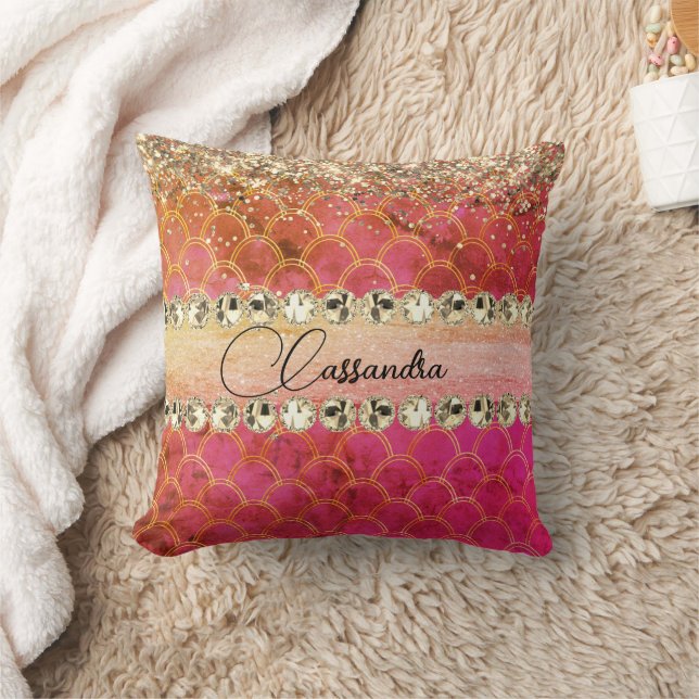 Hot Pink Orange Glittery Diamond Bling   Cushion (Blanket)