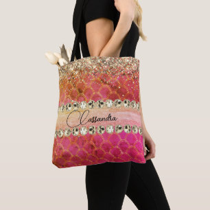 Hot Pink Orange Glittery Diamond Bling Tote Bag