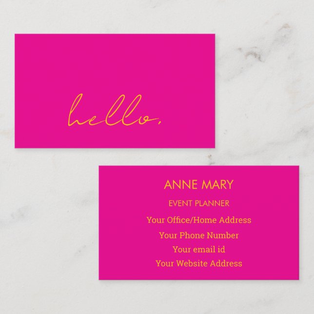 Hot Pink Orange Hello Script Typography Modern Business Card (Front/Back)