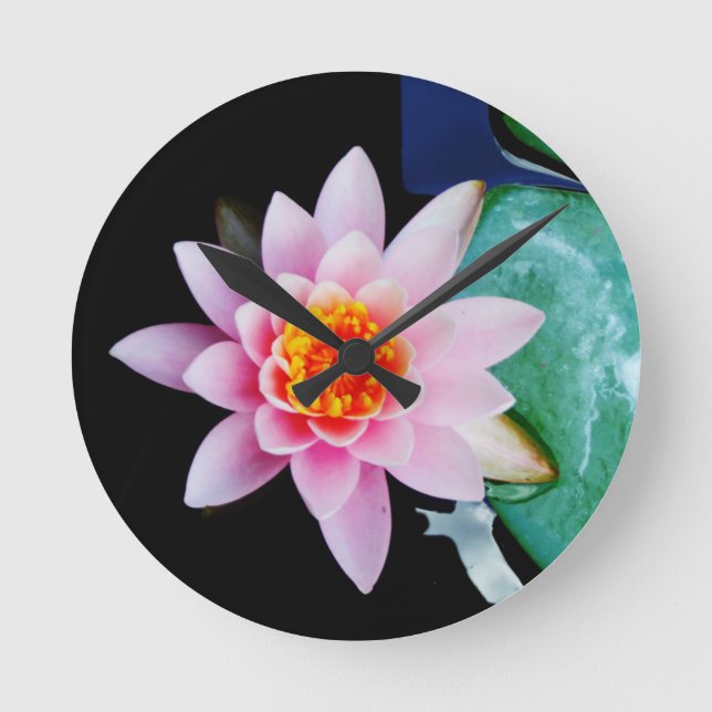Hot Pink & orange lotus water lily flower Round Clock (Front)
