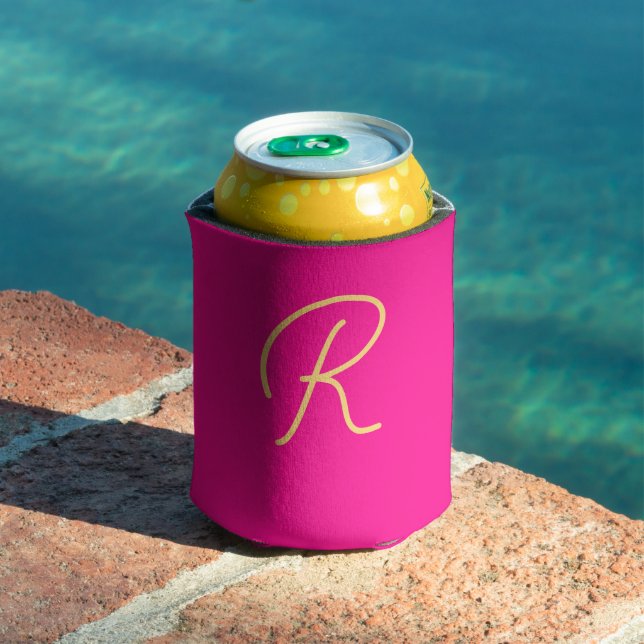 Hot Pink Orange Monogram Script Can Cooler (In Situ Pool)