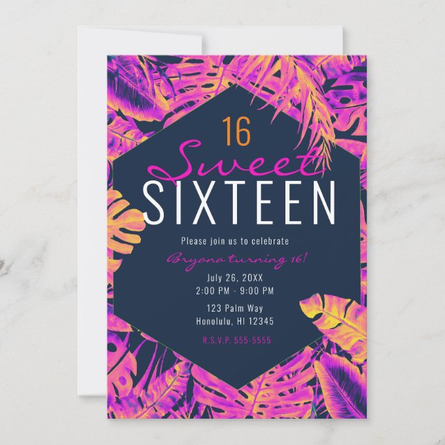 Hot Pink Orange Navy Tropical Palm Leaves Sweet 16 Invitation (Front)