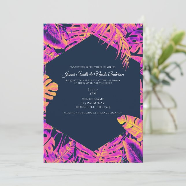Hot Pink Orange Navy Tropical Palm Leaves Wedding Invitation (Standing Front)