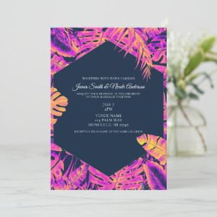 Hot Pink Orange Navy Tropical Palm Leaves Wedding Invitation