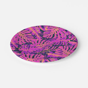 Hot Pink Orange Navy Tropical Palm Leaves Wedding Paper Plate