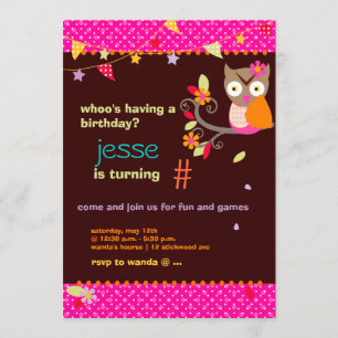 Hot Pink/Orange Owl/DIY colour... Birthday Party Invitation