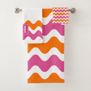 Hot Pink & Orange Preppy Ric Rac Stripe Bath Towel Set