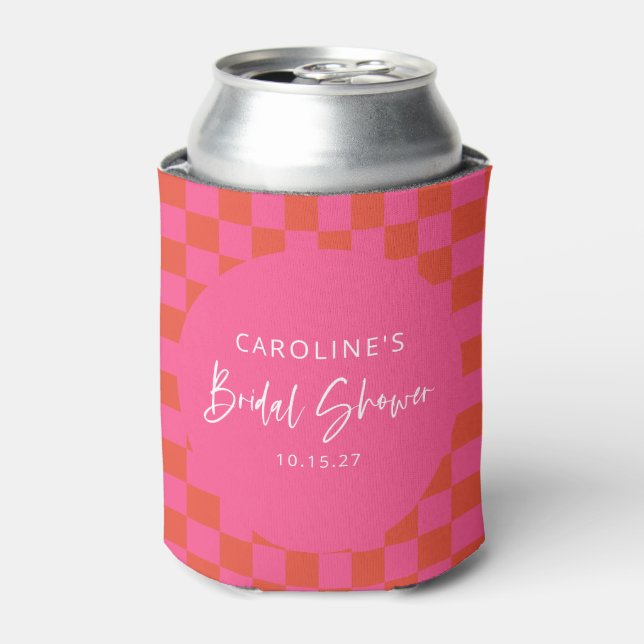 Hot Pink Orange Retro Chequerboard Bridal Shower Can Cooler (Can Front)