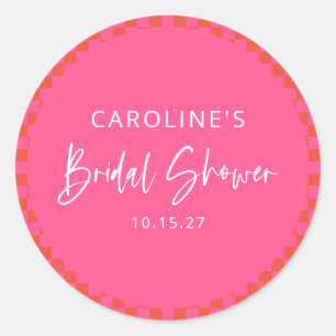 Hot Pink Orange Retro Chequerboard Bridal Shower Classic Round Sticker